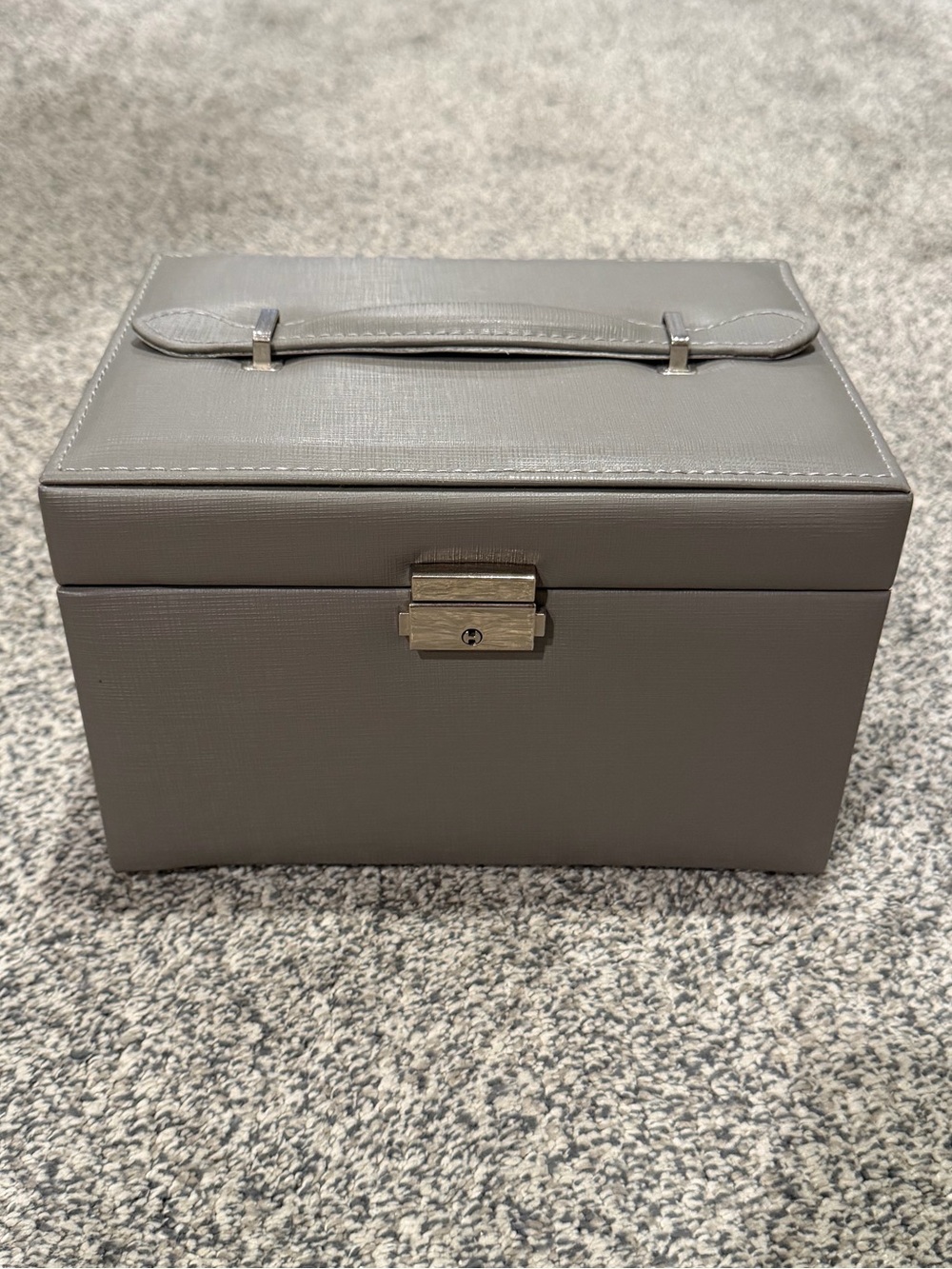 Gray Leather Jewelry Box with Top Handle